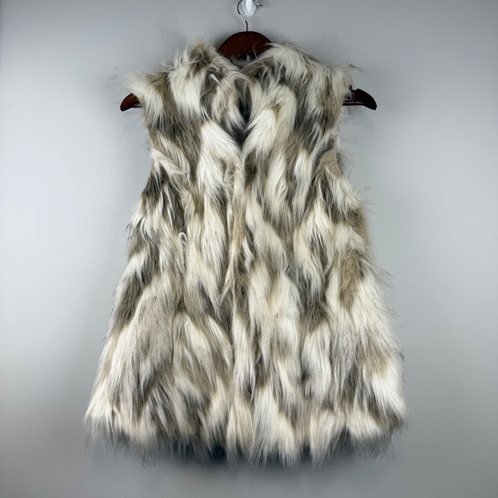 Mob wife Faux Fur Vest Women Size S Gray Cream Shaggy Glam